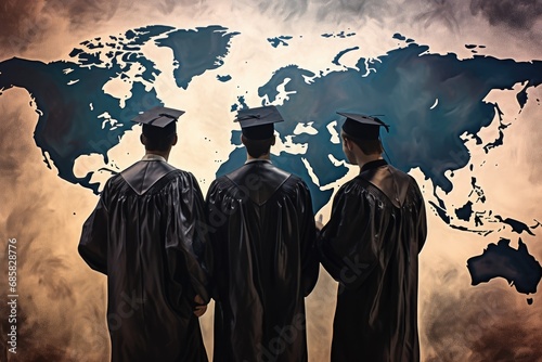 graduation cap image with silhouette of graduation students in front of world map Generative AI © SKIMP Art