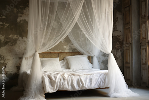 Antique Mosquito Curtain With Bed And White Linen Pillows © Anastasiia