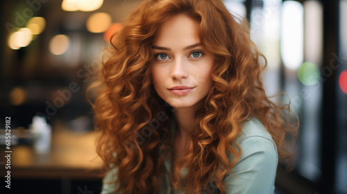 Young beautiful curly red-haired woman relaxing in a coffee shop, blurred background. Leisure, visiting cafes, city life
