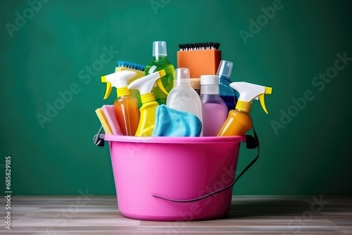 Assortment Of Cleaning Products Gathered In Bucket Highquality Photo
