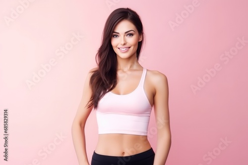 Attractive Fit Smiling Young Woman Brunette In Fitness On Pink Background With Copy Space