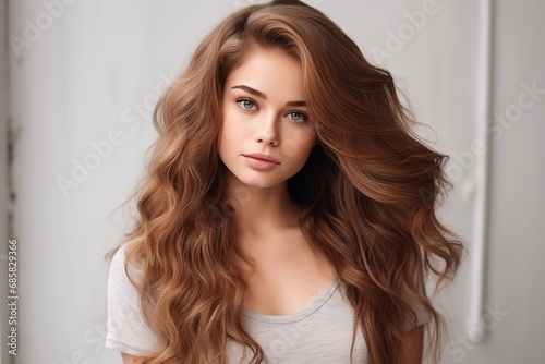 Attractive Young Lady With Captivating Mane Of Hair On The Background Of White Wall