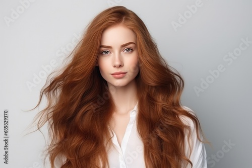 Attractive Young Woman With Captivating Mane Of Flowing Hair On The Background Of White Wall
