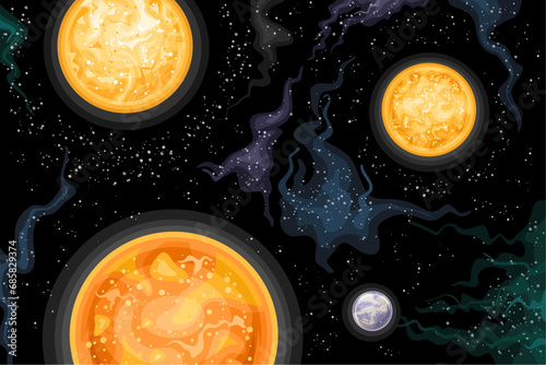 Vector illustration of Alpha Centauri Stellar System, astronomical horizontal poster with cartoon design triple-star fantasy system in deep space, decorative cosmic print on starry space background