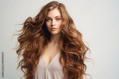 Attractive Young Woman With Captivating Mane Of Flowing Hair On The Background Of White Wall