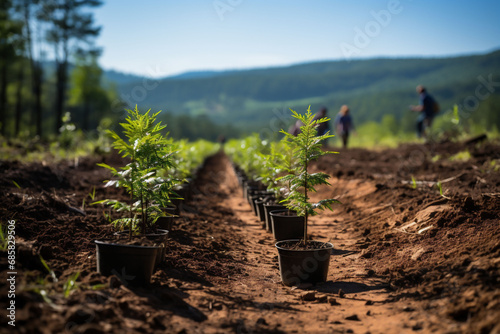 A fir tree plantation, Christmas. Furrows with evenly spaced fir seedlings in black pots. Mountain terrain in the background. Copy space. photo