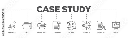 Case study infographic icon flow process which consists of research, data, conditions, examination, method, in depth, analyzing, and result icon live stroke and easy to edit  photo