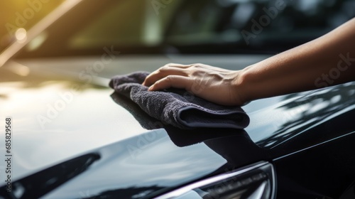 A man cleaning black car with microfiber cloth, car detailing .Generative AI.