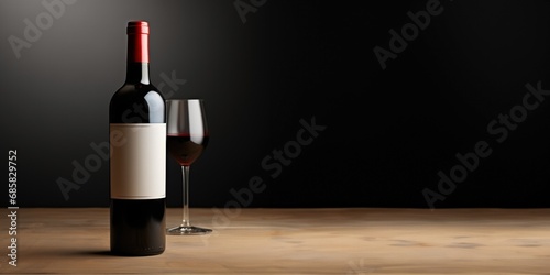 Elegant red wine bottle with label mock-up beside a filled wine glass on a wooden surface with a dark background