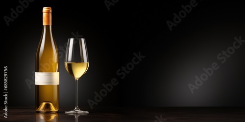 Elegant presentation of a white wine bottle next to a filled glass on a dark background with subtle lighting