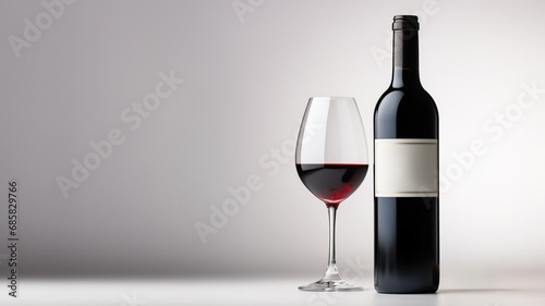 Elegant red wine glass with wine bottle against a neutral background, showcasing sophisticated drink presentation