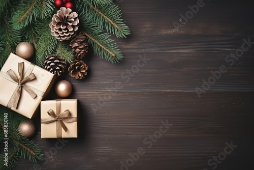 Christmas Composition With Fir Tree Branches, Gifts, And Pine Cones Highquality Photo