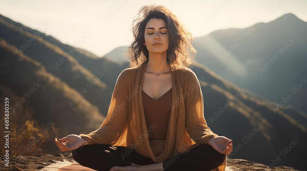 Woman in a quiet and calm meditating moment with eyes closed on the top of the mountain with sunlight
