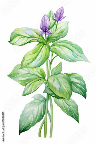 Fresh Basil Leaves and Stem. Watercolour Illustration Isolated on White. © PEPPERPOT