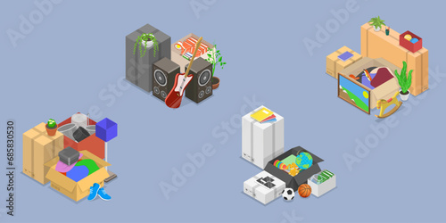 3D Isometric Flat Vector Set of Stuff For Moving, Boxes Packed with Belongings