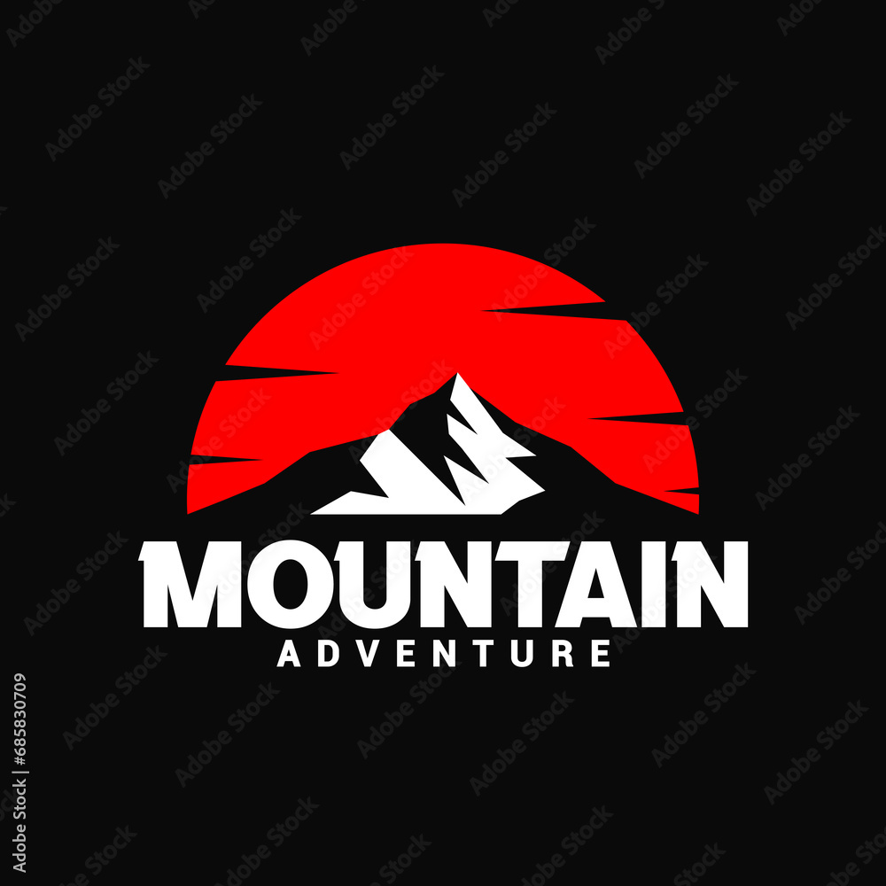 simple clean flat minimalist of sun sunrise sunset mountain hill peak rocky ice top mount landscape nature view over a black background suitable for outdoor travel adventure logo design inspiration