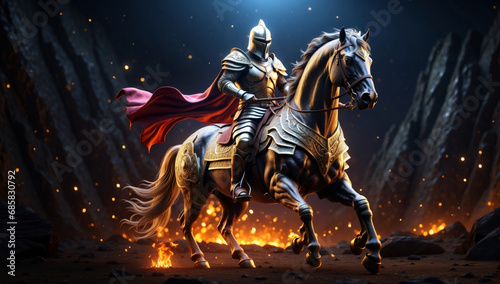 A knight with his armor on his horse.