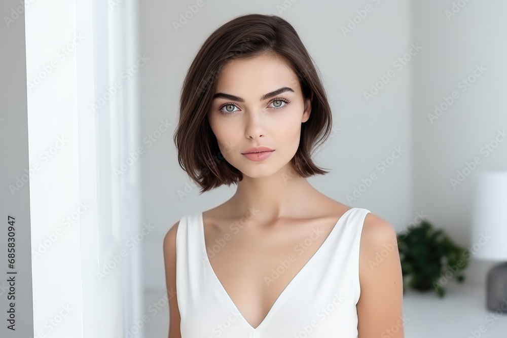 Gorgeous Slender Brunette With An Appealing And Elegant Demeanor On The Background Of White Wall Gorgeous Slender Brunette With An Appealing And Elegant Demeanor On The Background Of White Wall