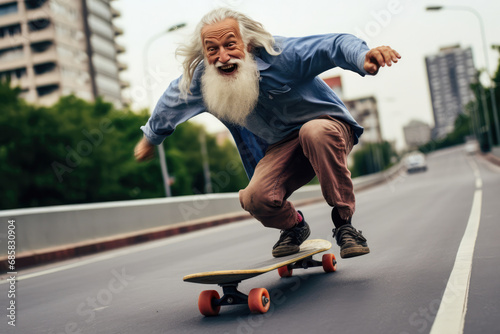 Funny Old Man Riding Skateboard. Сoncept Adventure Travel, Stunning Landscapes, Wildlife Photography, Food And Drink, Architectural Wonders
