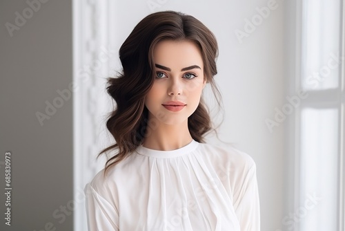 Graceful Elegant Brunette With Captivating Charm On The Background Of White Wall
