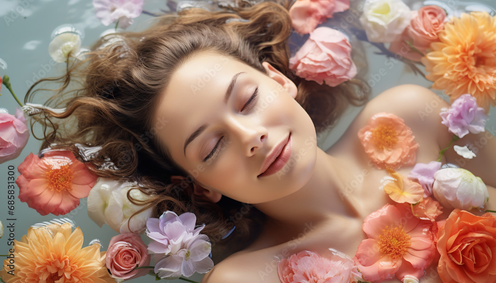 Portrait of a young, smiling woman lying in shallow water with floating flowers. Skin care beauty, skincare cosmetics.
