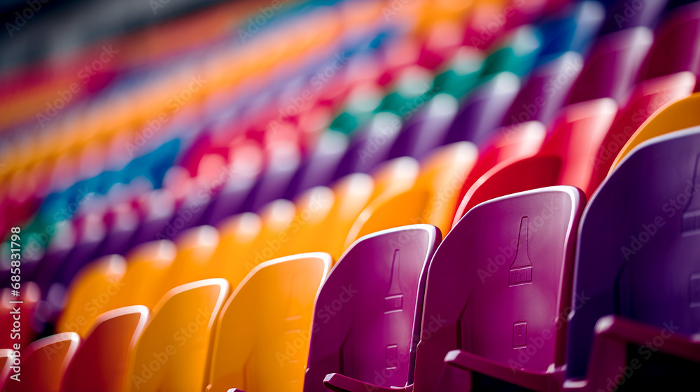 Fototapeta premium Portrait of empty seats in the tribune. Colorful seats of tribune on sport stadium. Chairs for audience, fans, supporter. Generative AI