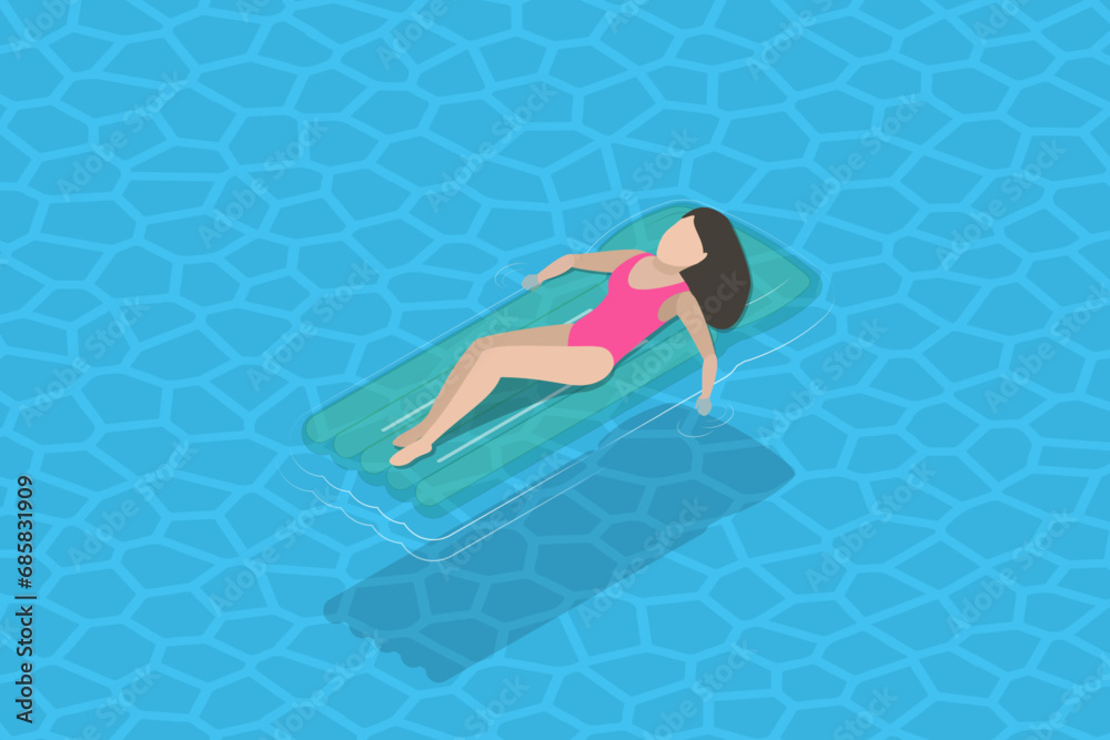 3D Isometric Flat Vector Illustration of Relaxing in a Pool, Lying on Water Surface