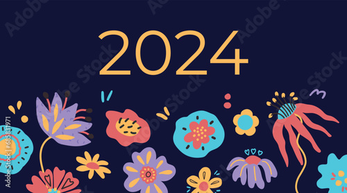 Abstract New Year 2024 modern bold dflowers hand painted simple naive art design for branding cover card poster website banner. Abstract hand drawn cute illustrations premade banner composition