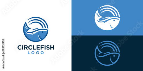 Circle Fish Logo Designs. Sea Food Fish with Minimalist Style. Outline Lineart Icon Symbol Vector Illustration.