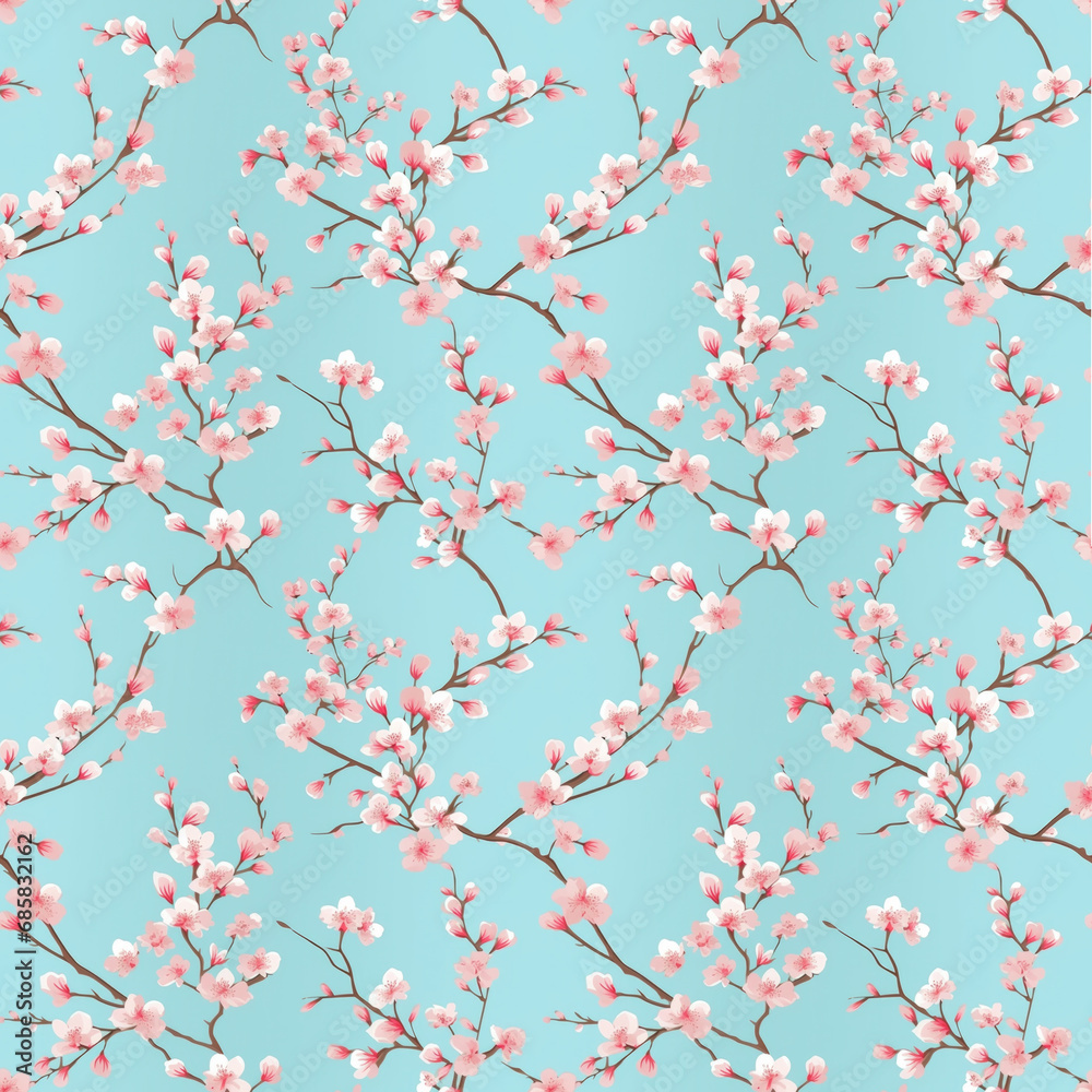 Seamless pattern with cherry blossom on blue background.