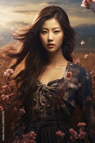 a beautiful woman with long hair standing in a field full of flowers, in the style of samyang  photo