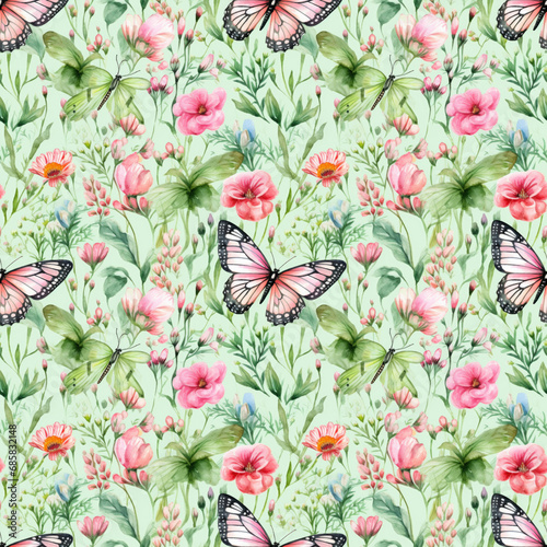 Seamless pattern with butterflies and flowers. © Maria