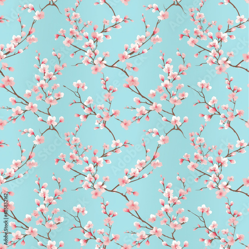 Seamless pattern with cherry blossom on blue background.