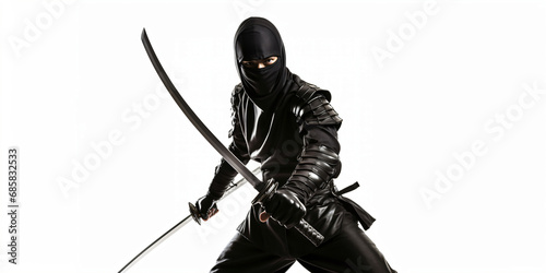 Ninja in fighting position isolated on white background