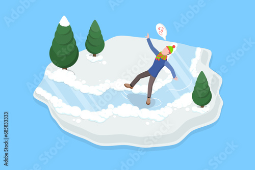 3D Isometric Flat Vector Illustration of Winter Weather Problems, Dangerous Icy or Slippery Surface