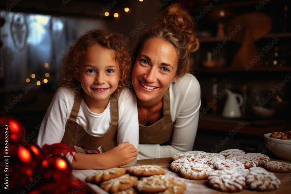 happy girl and mom bake Christmas cookies in the kitchen. they look into the camera