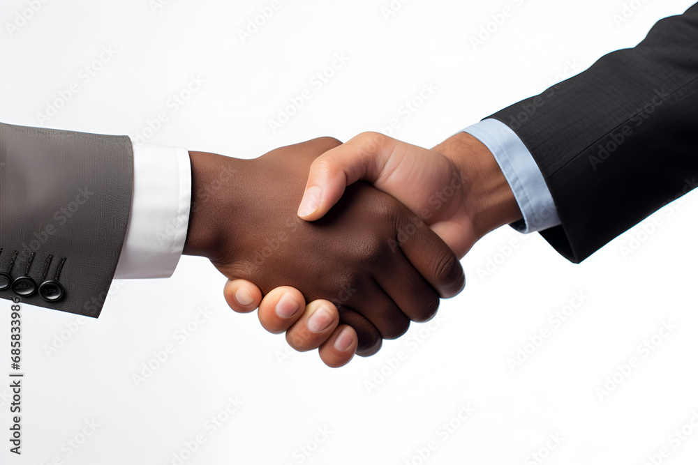 Two men shaking hands on white background. Business concept. Generated AI