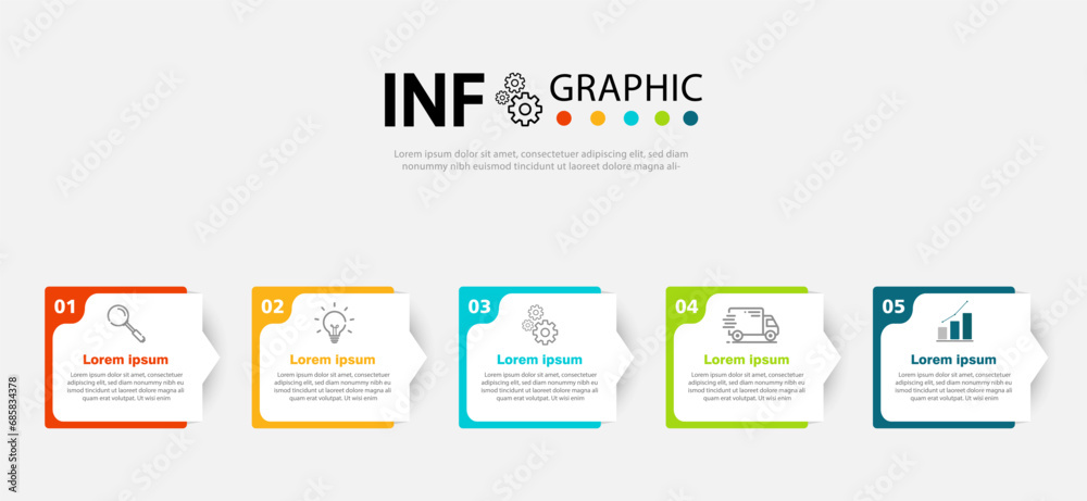 Business infographic design template with 5 process steps options. For work and website design - obrazy, fototapety, plakaty 