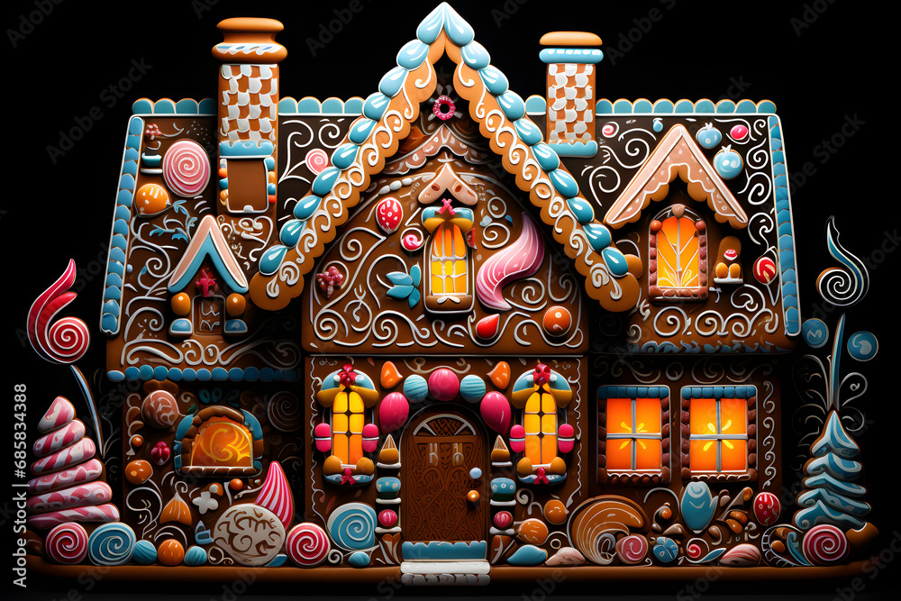 Elaborate gingerbread house with colorful candy and icing on a dark background