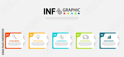 Business infographic design template with 5 process steps options. For work and website design photo