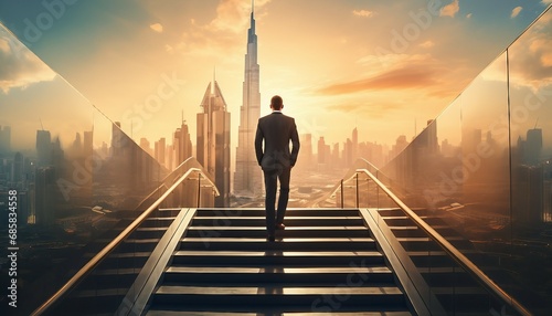  Ambitious businessman climbing the stairs to success, Ambitious businessman climbing the stairs to success. concept of career path success, future planning and business competitions. photo