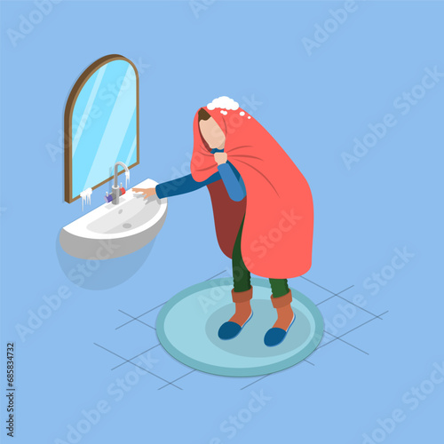 3D Isometric Flat Vector Illustration of Frozen Faucet, Problems Homeowners Face During Freezing Winters