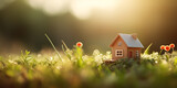 Small model home on green grass with sunlight background banner, A small house on the grass with the word home on it, A small white house sits in a field of grass, generative AI
