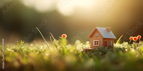 Small model home on green grass with sunlight background banner, A small house on the grass with the word home on it, A small white house sits in a field of grass, generative AI
