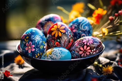 a vivid description of a photo capturing painted Easter eggs illuminated by sunlight
