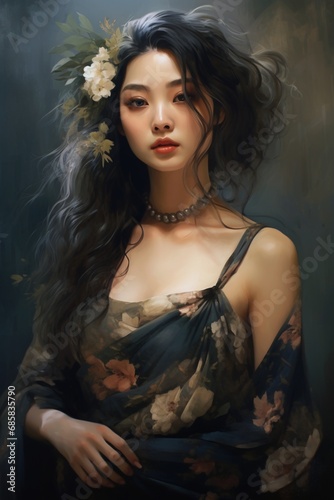 a woman in a floral dress  in the style of realistic lighting  asian-inspired  soft and dreamy atmosphere  strong facial expression  dark amber and gray  messy  fairycore