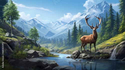 a deer drinking water from the stream in the mountains created with generative ai 