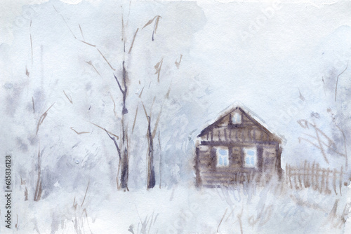 Hand Drawn Watercolor Winter Village Snow Landscape © NataliaArkusha