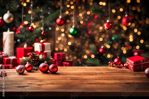  Empty wooden table with christmas theme in background 