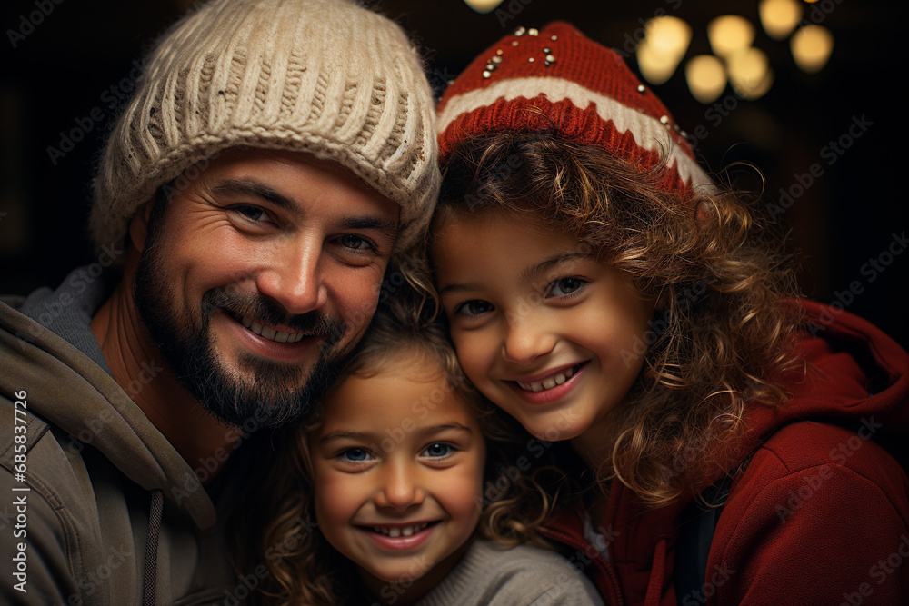 Cheerful father and two kids in festive hats smiling at night Cheerful father and two kids in festive hats smiling at night